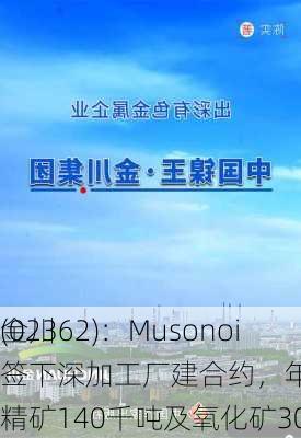 金川
(02362)：Musonoi
签下深加工厂建合约，年处理硫化铜钴精矿140千吨及氧化矿300千吨